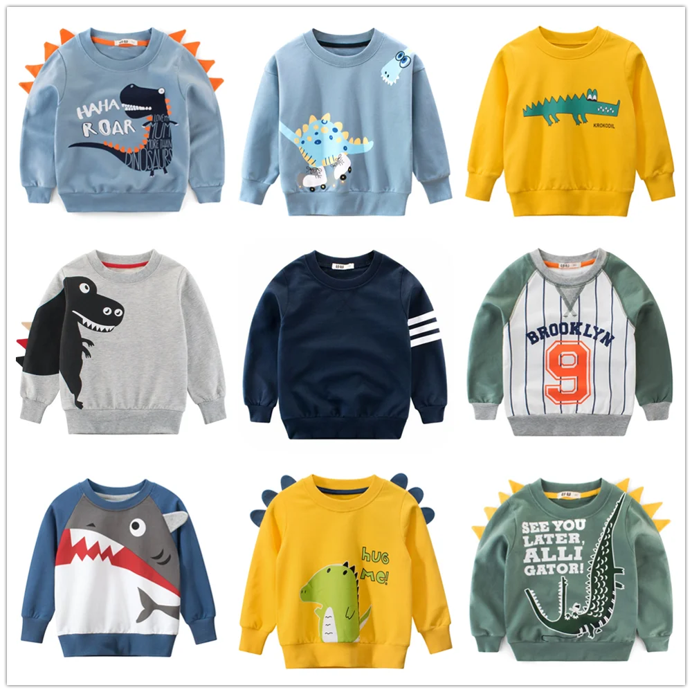 Jesienne Wiosenne Bluzy Dziecięce 100% Bawełna Ubrania dla Chłopców Odzież Dziecięca Dinozaur Kreskówka Sportowy Sweter Casual