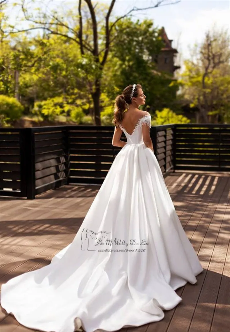 Simple Beads Satin Wedding Dress Vestido de Noiva Princess Bride Dresses 2021 Court Train Cap Sleeve Wedding Gowns Cheap