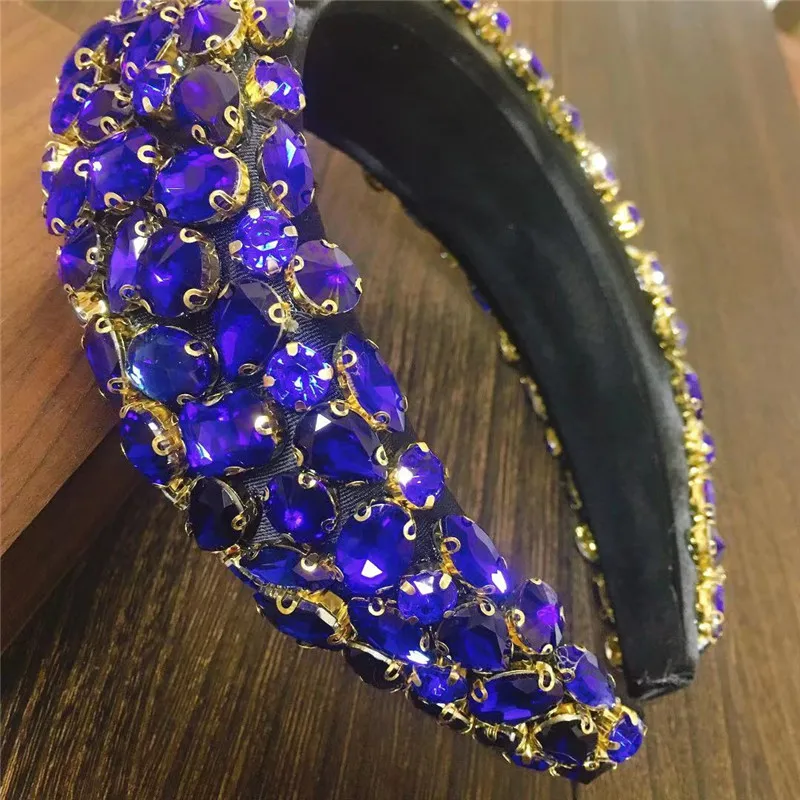 New Full Crystal Luxury Baroque Padded Headband For Women Blue Diamond Rhinestone Hairband Wide Thick Hair Hoop Girls Wholesale