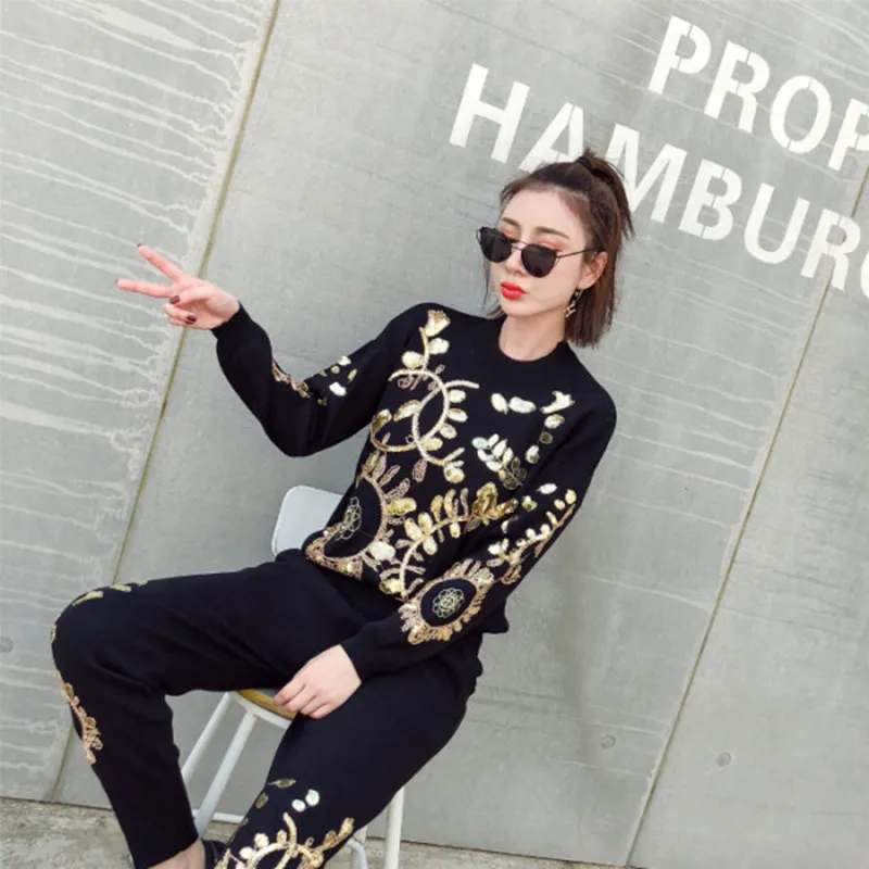 2023 Autumn 2 Piece Sets Women Gold Leaf Flower Embroidery Sequin Knitted Sweater Casual Trouser LO Women‘s Two Piece Outfits