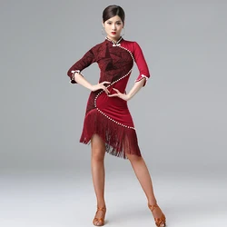 High Neck Women Dance Cheongsam Ballroom Dress Samba Costume Party Dresses Spandex Stretchy One-piece Latin Dress with Pearls