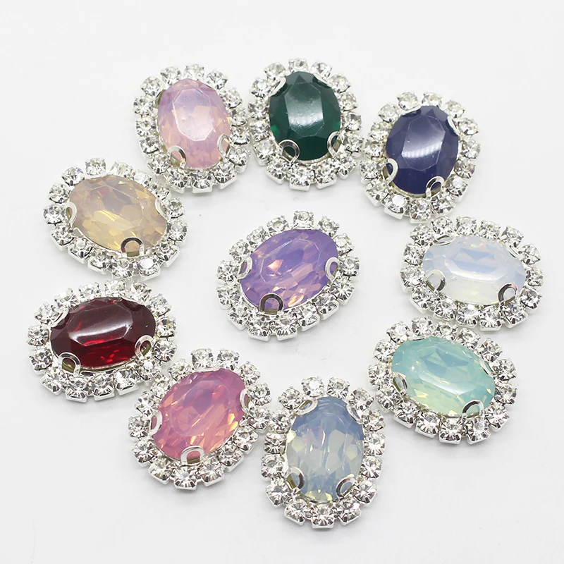 New Color 10Pcs 15*20mm Resin Acrylic Oval Rhinestone Button Silver Germent Flower Center DIY Accessories Handcraft