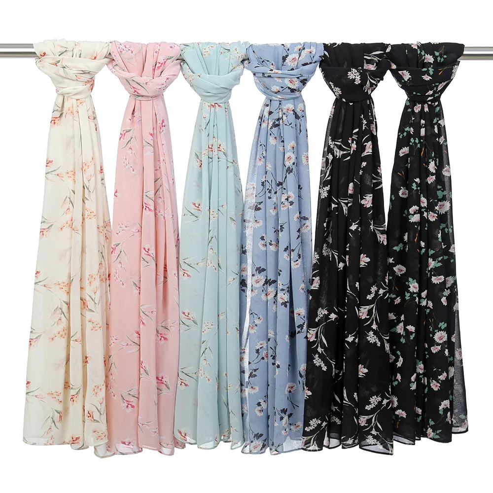 Breathable Floral Bubble Chiffon Scarf Hijab Flower Pattern Muslim Women Long Hijabs Islam Head Scarves Headband Turban Headwrap