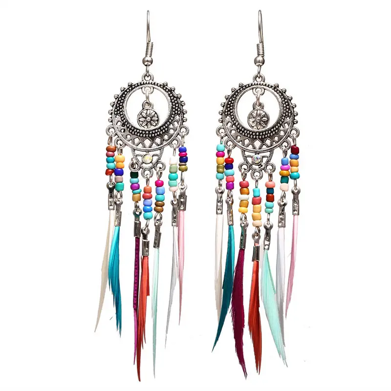 

Bohemian Long Feather Dangle Earrings For Women Big Ethnic Fringed Beads Earrings 2019 Long Earrings Vintage Female Jewelry