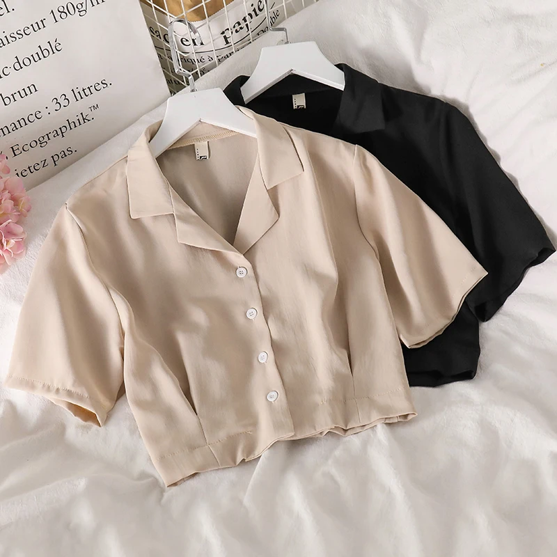 

Turndown Collar Short Sleeve Crop Top Chiffon Shirt Blouse Women 2021 Summer Fashion Street Style Casual Button Loose Simple Top