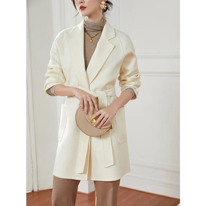 

Short Wool Coat Female, White Water Ripple, Cashmere Coat, New Casual Fashion, Lace-up Temperament, Raglan Sleeve, Autumn Winter