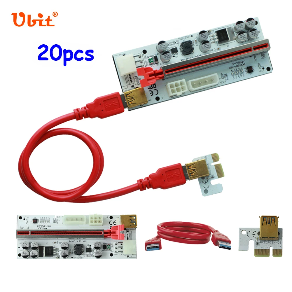 20x Ubit PCI-E Riser Cable USB3.0 VER010-X LED PCI Express Adapter 6pin Sata Power 1x to 16x Extension Card For ETHEREUM Mining