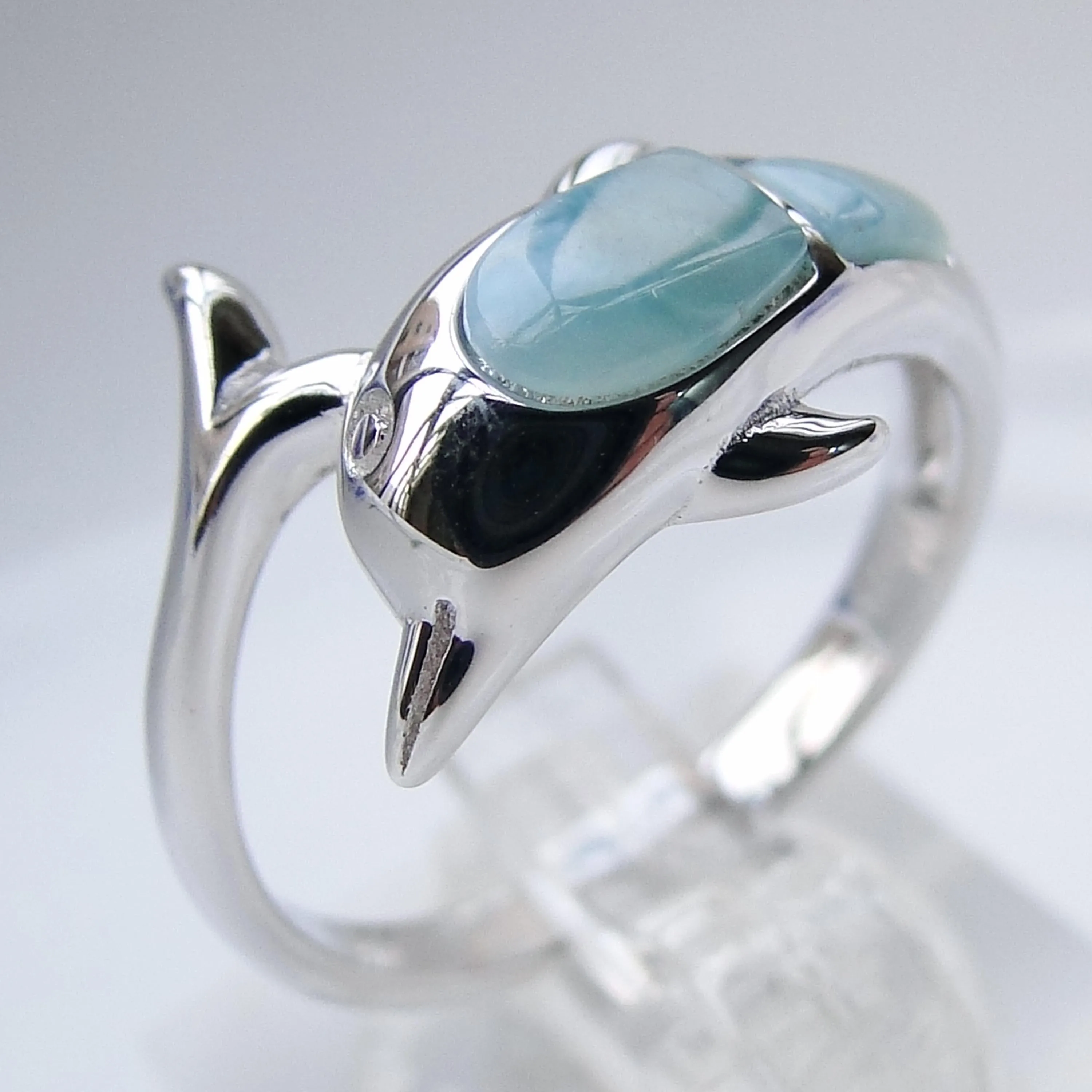 100% 925 Sterling Silver Sea Life Animal Collection Natural Larimar Dolphin Ring For Gift