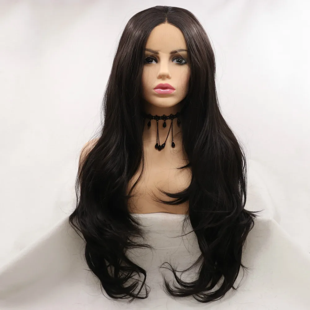 Sylvia 1b# Black Hair Long Natural Wave Wig Synthetic Lace Front Wigs Heat Resistant Fiber Hair For Black Women