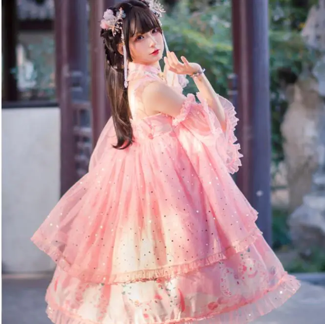 Stile cinese dolce lolita abito vintage di pizzo bowknot sveglio di stampa a vita alta abito vittoriano kawaii ragazza gothic lolita jsk cos