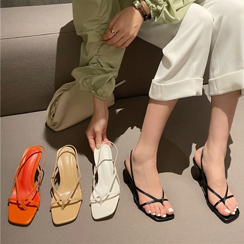 2023 Summer New Arrival Women Thin High Heels Sandals Designer Orange White Medium Heels Flip Flops Sandals Female Party Shoes