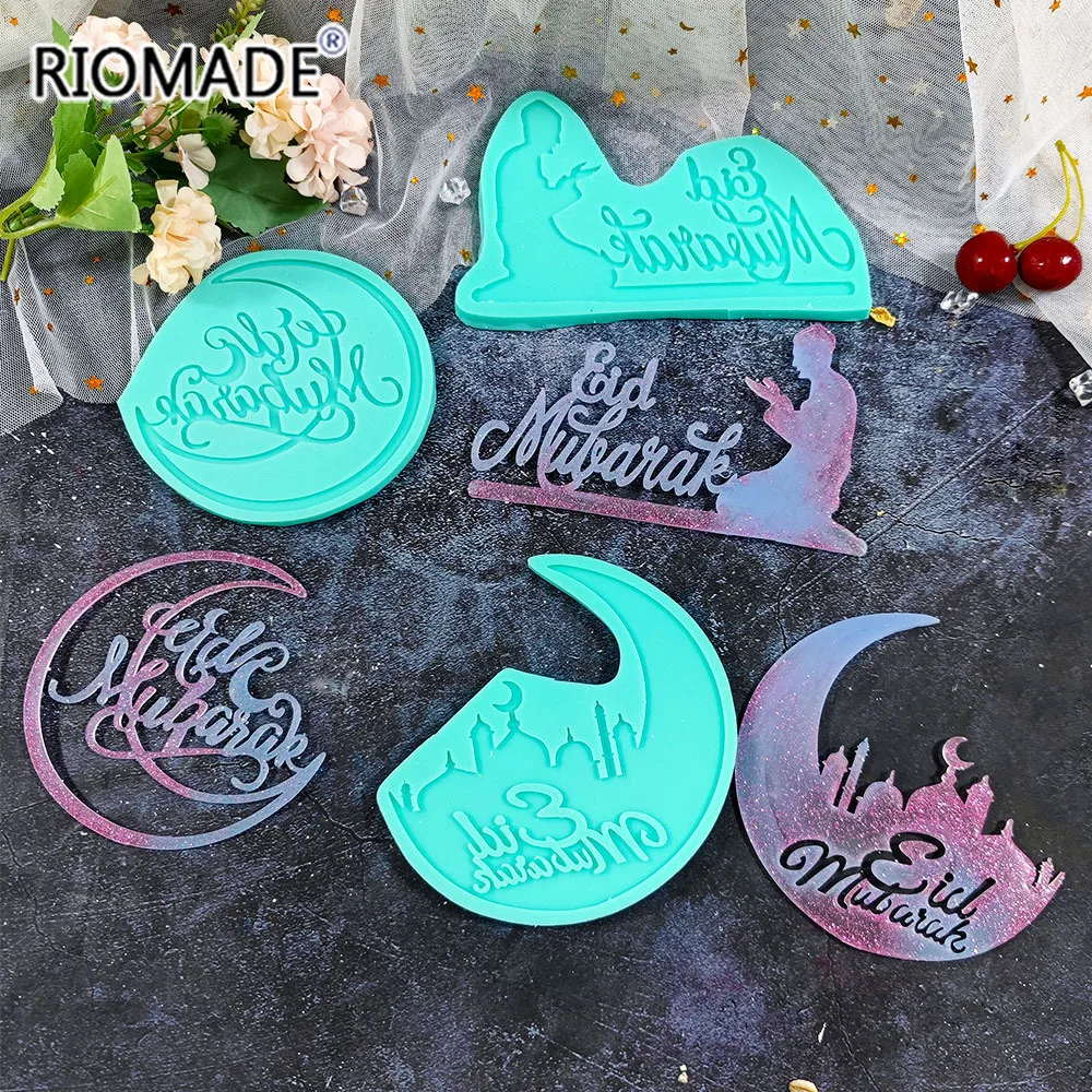 Eid Mubarak Arabic Font Moon Fondant Silicone Mold DIY Resin Clays Gypsum Chocolate Handmade Mould Ramadan Cake Baking Tools