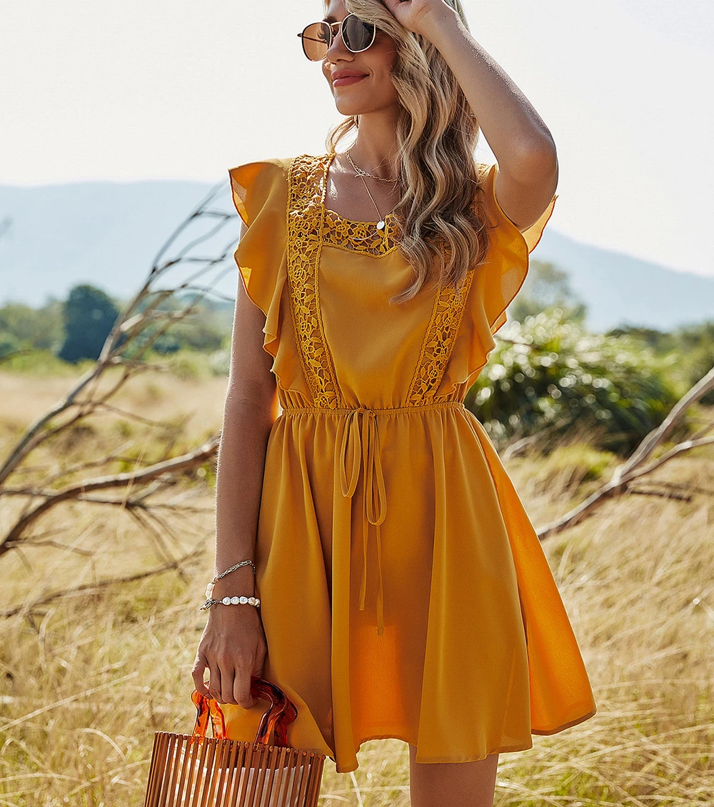 

TEELYNN Ruffles Short Sleeve Splice lace Mini Dresses For Women Vintage Yellow Solid Backless Summer Dress Boho Beach Vestidos