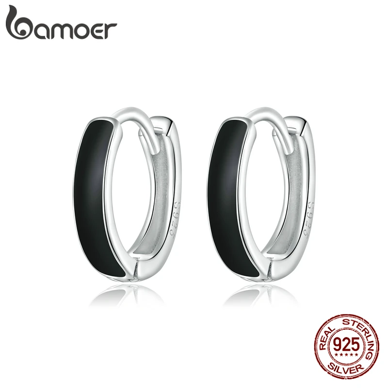 bamoer Black Hoop Earrings for Women 100% 925 Sterling Silver Enamel Drop Oil Earring Party Jewelry SCE1047