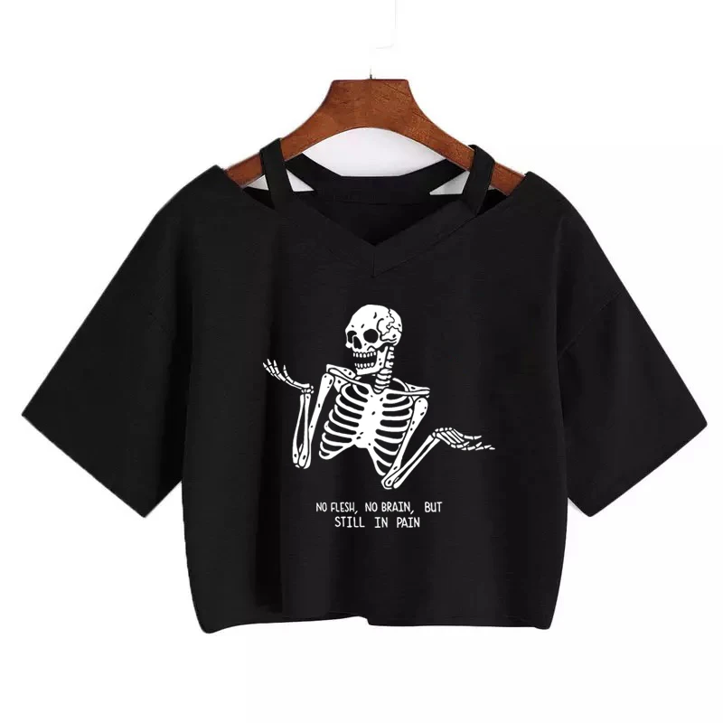 women V-neck loose short-sleeve T-shirt Harajuku shirt Streetwear Y2K Aesthetic clothing Tee gothic clothes crop top Punk Skull