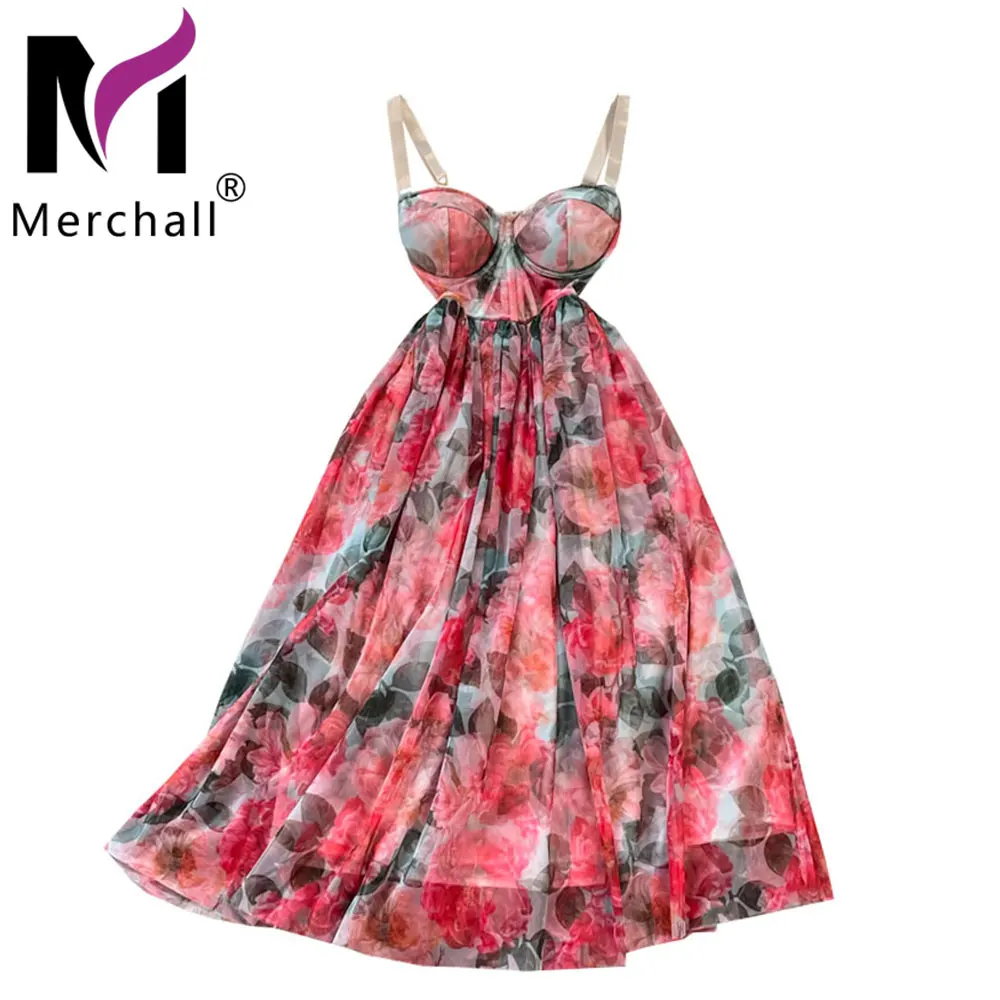 

Merchall Runway Fashion Floral A Line Dress 2022 Summer Sexy Spaghetti Strap Red Flower Print Elegant Long Beach Dresses M7378#