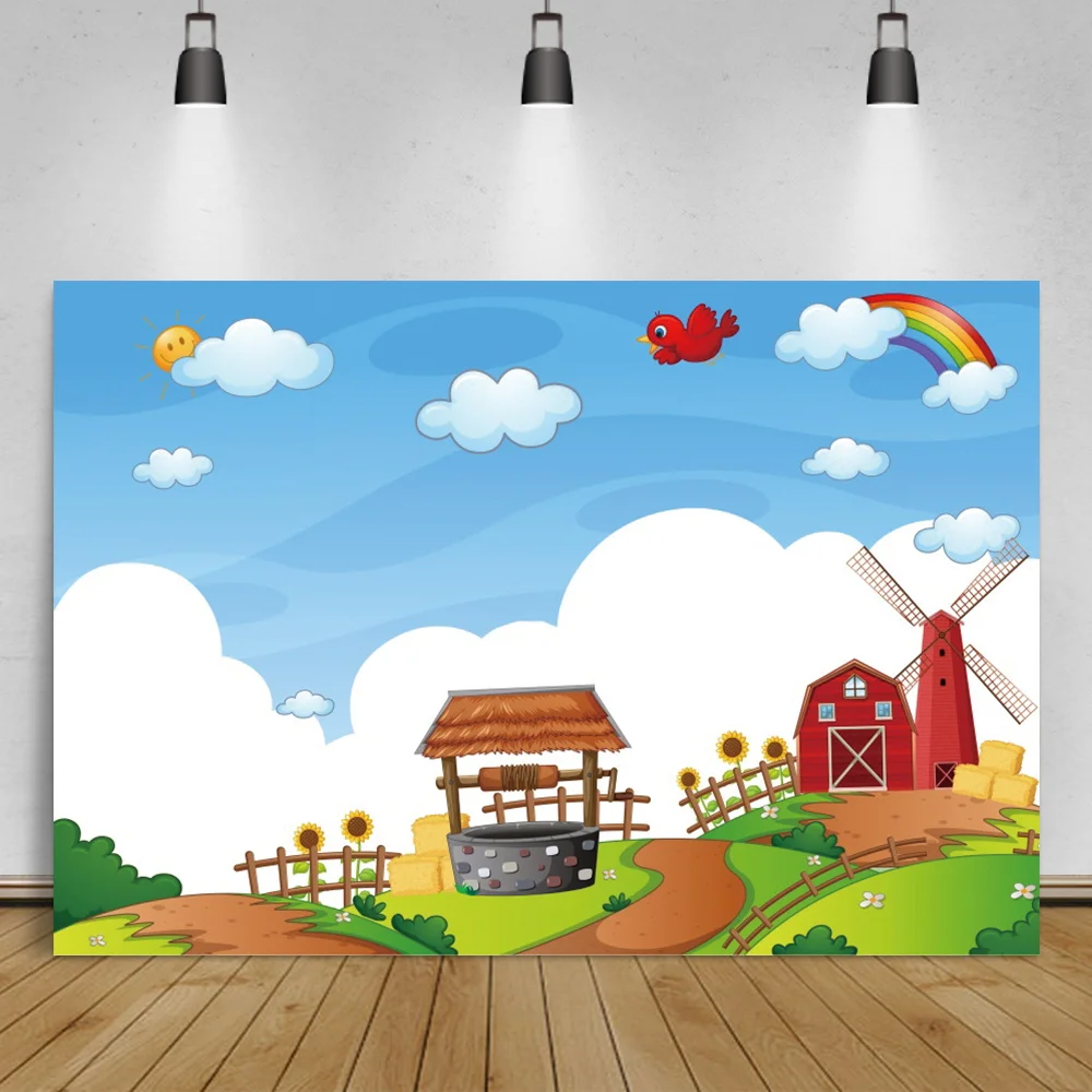 Laeacco Cartoon Farm Rural Filed Windmill Baby Birthday Photograph Backdrop Blue Sky Clouds Fence Poster Photo Studio Background