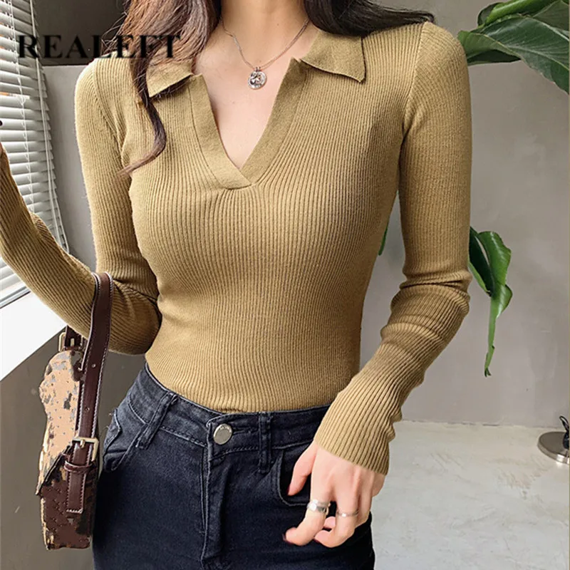 

REALEFT 2021 New Women's Knitted Pullovers Vintage V Neck Long Sleeve Solid Color Basic Ladies Knitting Pullovers Sweater Female