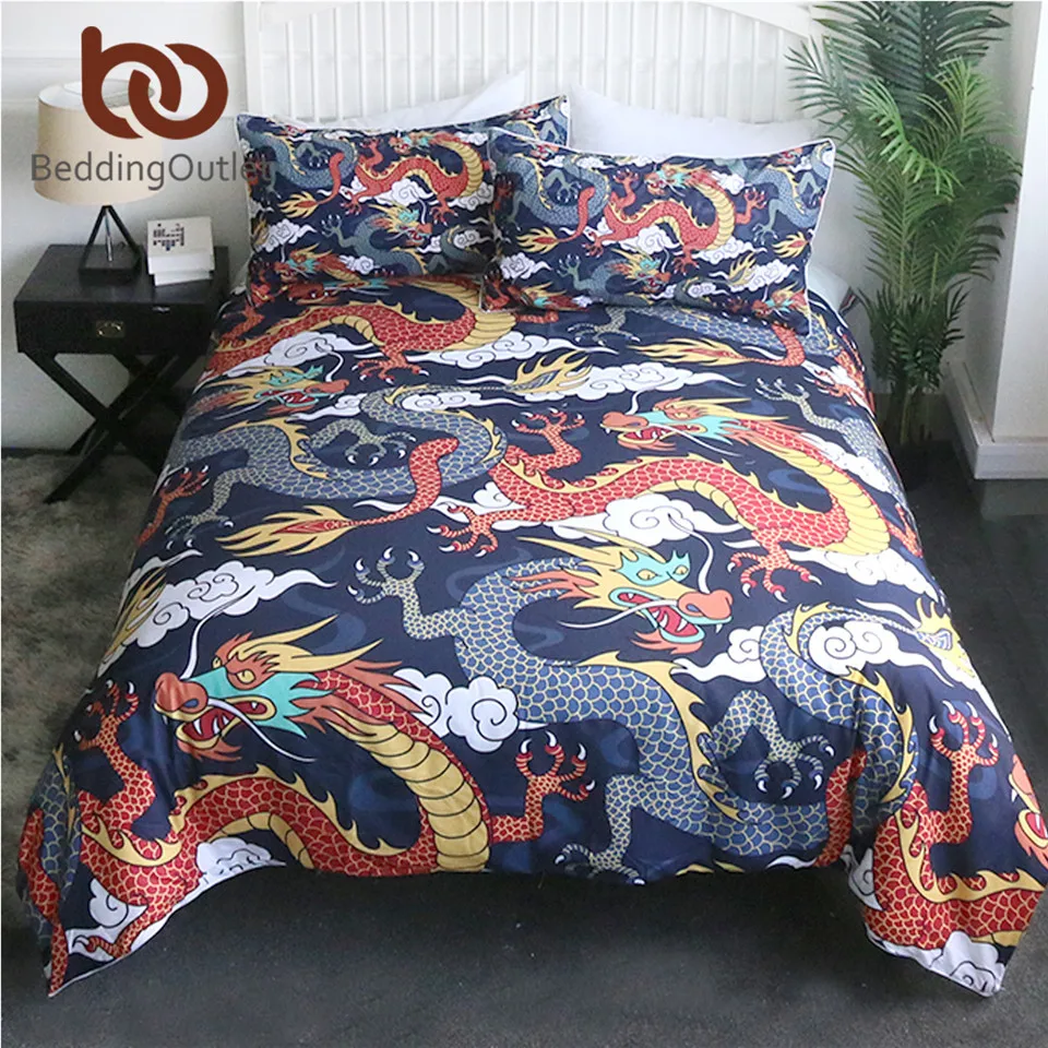 BeddingOutlet Flying Dragon Bedding Set King Colorful Duvet Cover Clouds Pattern Home Textiles Cartoon Asian Dragon Bedclothes