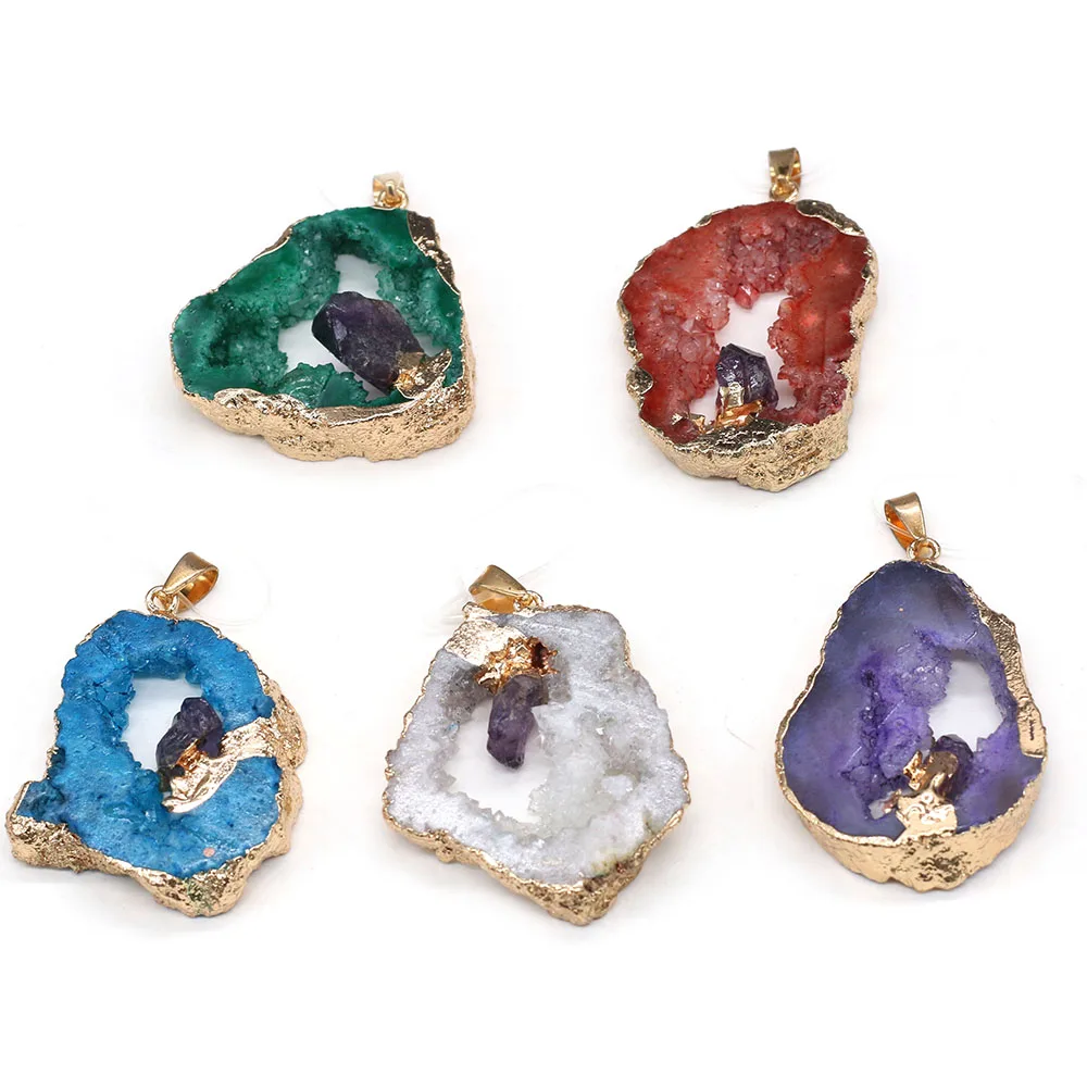 Natural Agates Druzy Stone Pendant Charms Irregular Quartz Crystal Geode Pendants For Jewelry Making DIY Necklace 30x40-35x45mm