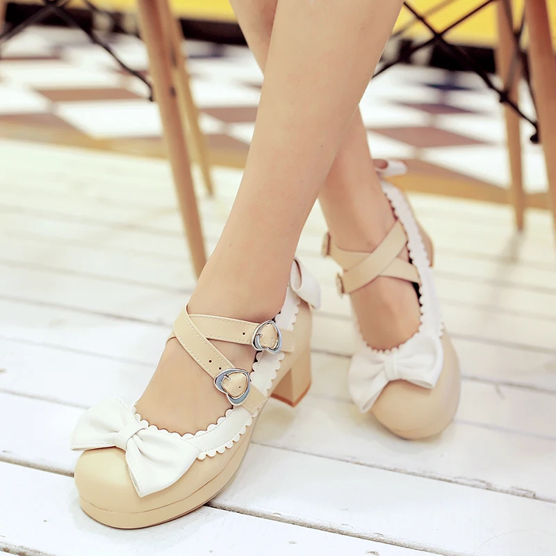 Décolleté per ragazze scarpe Lolita donna Cosplay piattaforma per feste tacco alto scarpe Mary Janes rosa con nodo a farfalla più grandi dimensioni