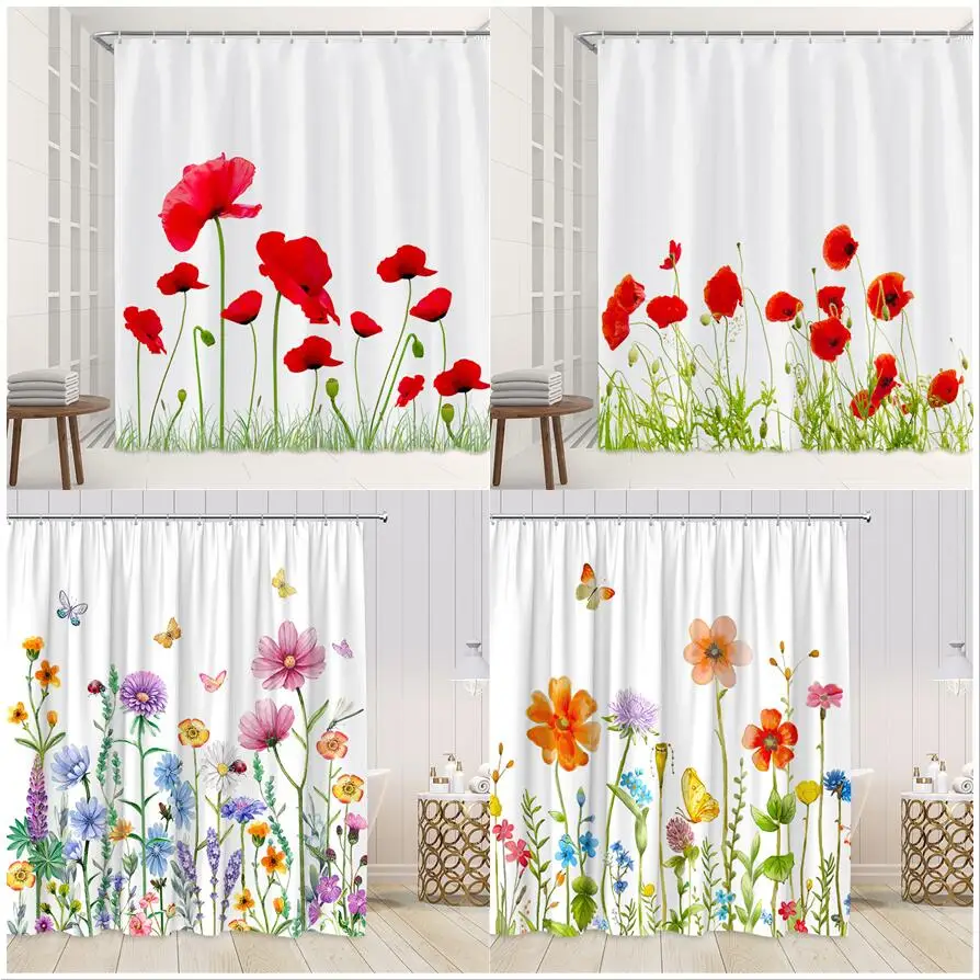 Spring Natural Flowers Shower Curtain Set Red Poppies Butterfly Watercolor Floral Nordic Simple Fabric Bathroom Decor with Hooks