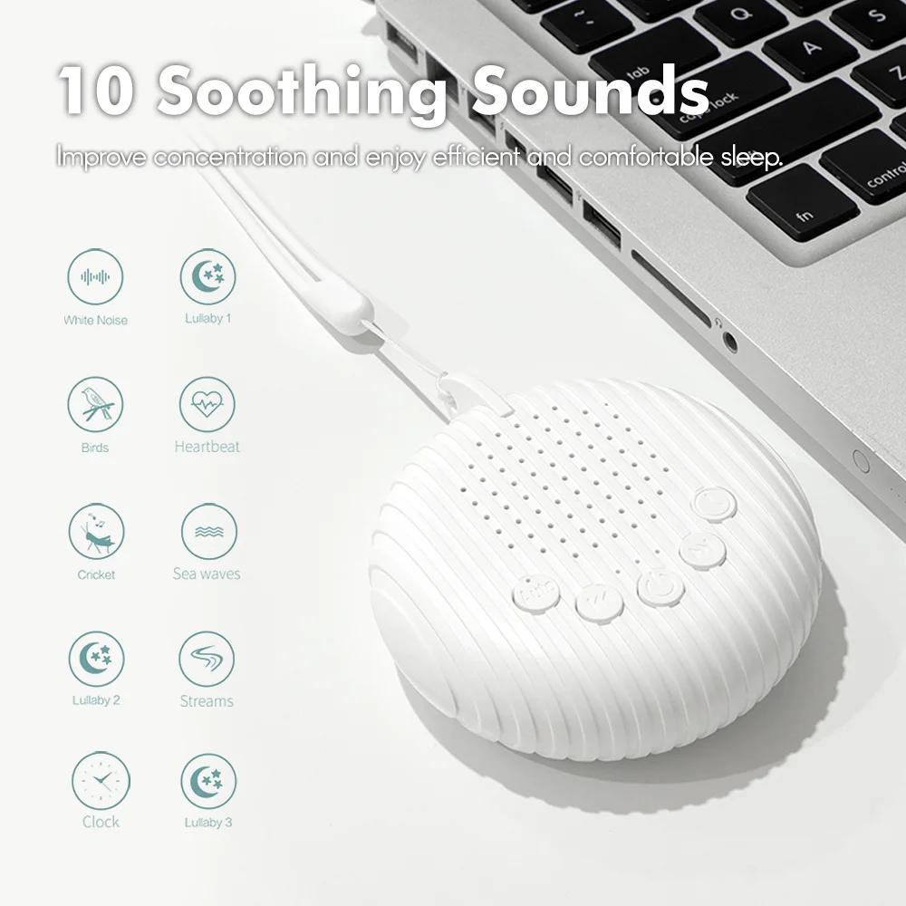 Máquina de sonido de ruido blanco portátil para bebés, 10 sonidos calmantes, volumen ajustable, batería recargable integrada, USB