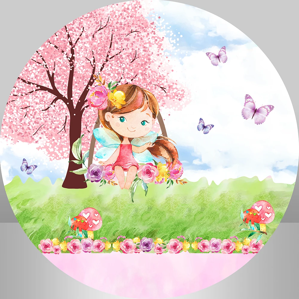 Spring Green Grass Butterfly Circle Round Backdrop Cover for Fairy Girl Birthday Party Decoration Background Cake Table banner