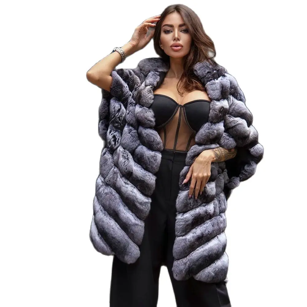 Winter Fashion Real Rex Rabbit Fur Coat for Women Outwear New Trendy Genuine Rex Rannit Fur Coats Medium Length Overcoats