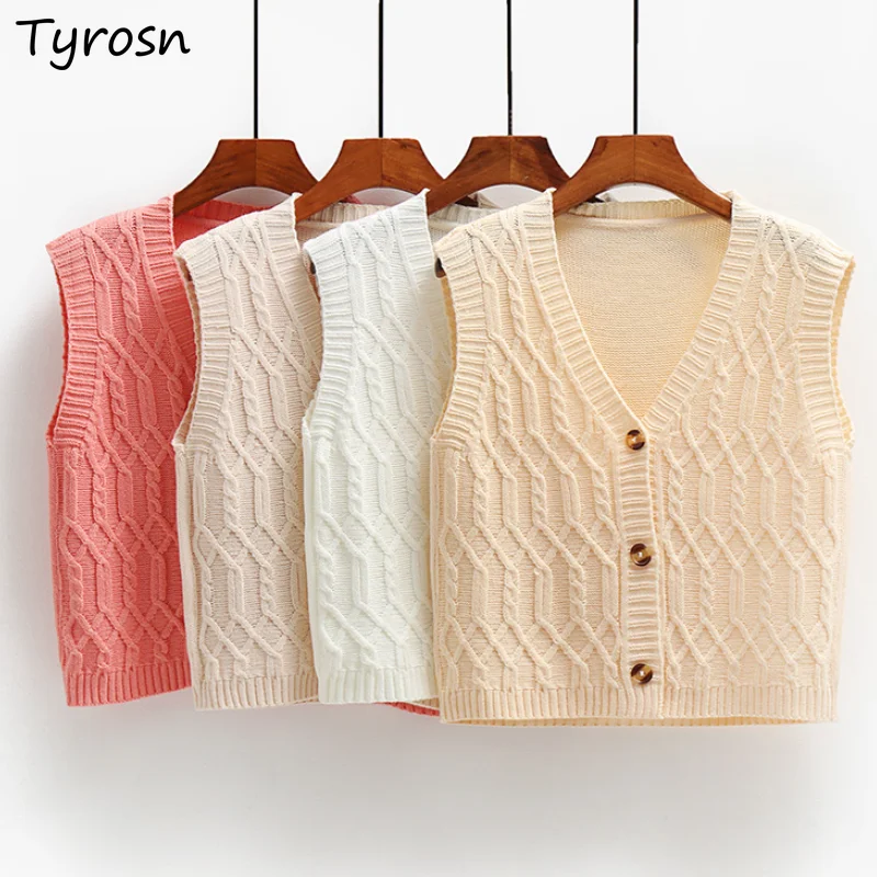 Women Sweater Vests Tricot All-match Preppy Style Simplicity V-neck Single Breasted Solid Jumpers Sleeveless Stylish Cropped New