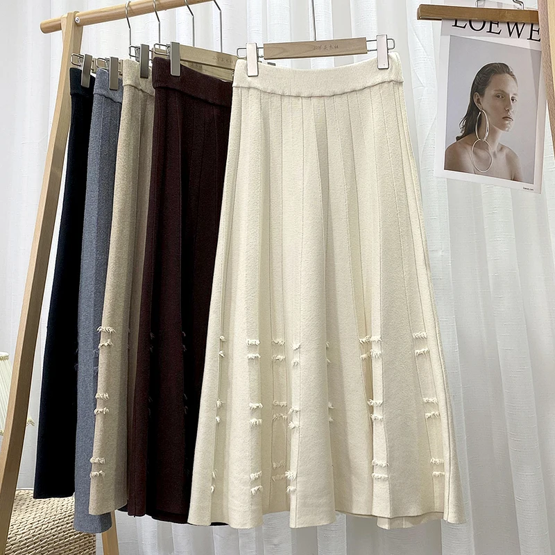 Croysier 2021 Fashion Women Clothing Winter Elastic High Waist Pleated Midi Skirt Frayed A Line Elegant Solid Knitted Skirts