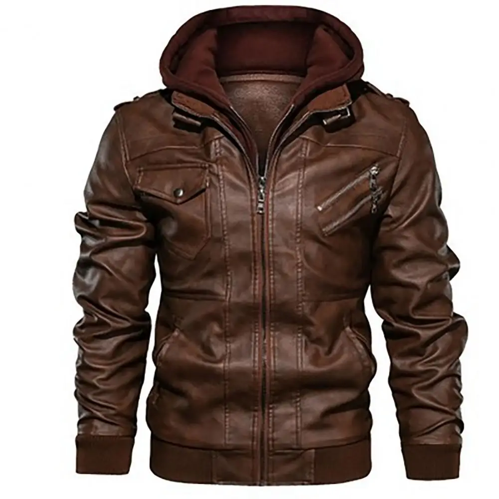 Men Winter Jacket Multi Pockets Zipper Hooded Slim Coat Casual Faux Leather High Quality Jackets Coat for Motor Cycling