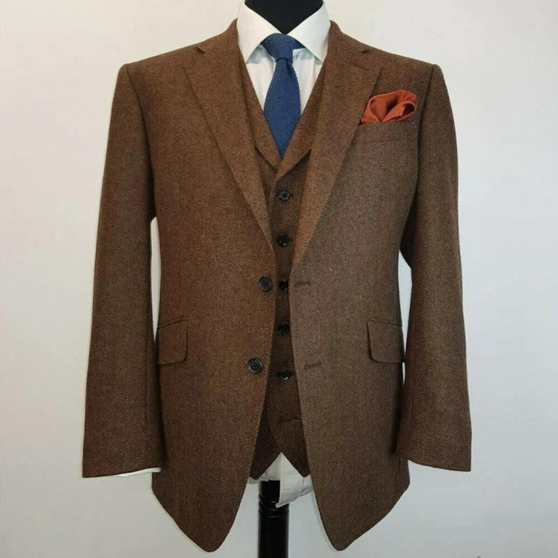 

Brown Wool Suits For Men Herringbone Tweed Notch Lapel One Button Formal Warm Tuxedos Suit Separately Tailored