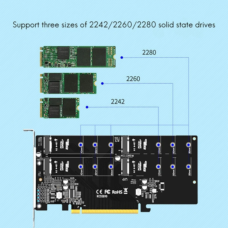 MAIWO KCSSD10 PCIE X16 Adapter Card M.2 NVMe Protocol 4 port MKEY SSD Solid-State Drive Array Cooling Adapter Card