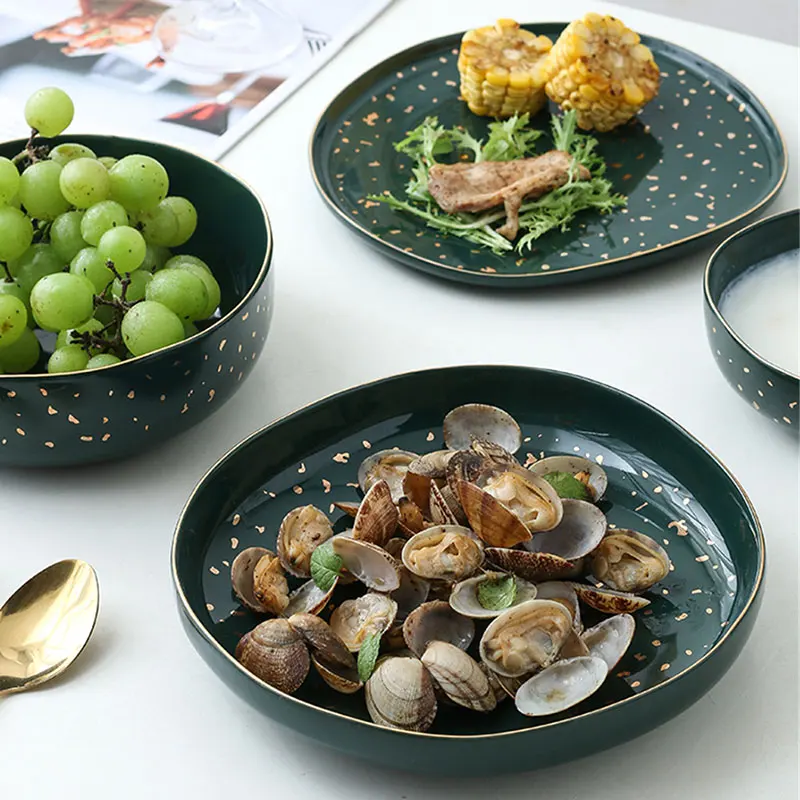 Emerald Gold Irregular Bowl Plate Dinnerware Ceramics Western Steak Plates Soup Bowl Dinner Set Nordic Green Dessert Plate Dish