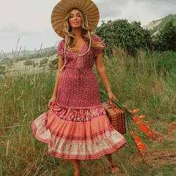 TEELYNN Drawstring waist midi dresses Women robe vintage cotton Floral Print Casual long Summer Dress V-Neck boho Beach Vestidos