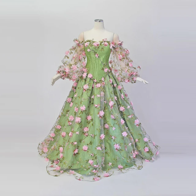 Enchanted Garden Floral Tulle Dresses Women Off Shoulder Extra Sleeve A line Prom Dressing Corset Princess Party Gown Green AliExpress 200000345