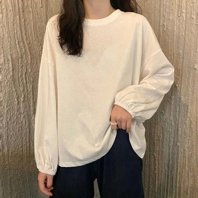 Solid Long Sleeve T-shirts Women Basic Tops Lantern-sleeve Baggy Tshirts O-neck Preppy Style Casual Candy Colors Korean Fashion