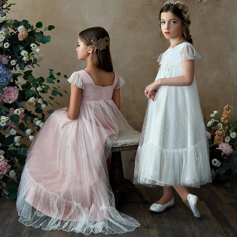 Baby Girl Princess Lace Floral Tutu Dress Long Toddler Girl Vintage Tulle Vestido Party Pageant Wedding Baby Clothes 2-11Y