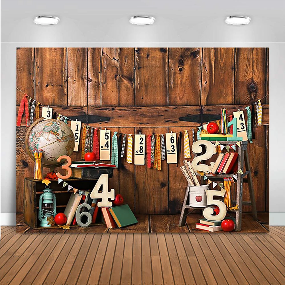 신학기 파티 사진 배경, 아이 초상화 배경, 우드 보드 벽 글로브 장식 소품, 어린이 포토스튜디오
