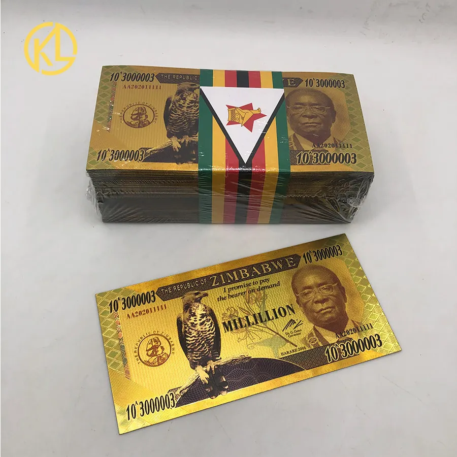 

Zimbabwe banknote Millillion Dollars 30000003 ZEROS Gold 999999 Plastic Banknotes