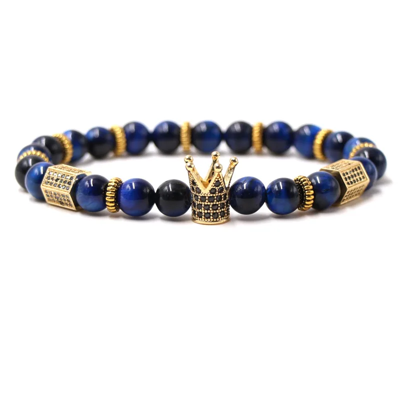 Charm 8mm Natural Stone Blue Tiger Eye Bead Bracelet Pave CZ Crown Bracelet For Men&Women DIY Exciting Jewelry Love Gift 2024