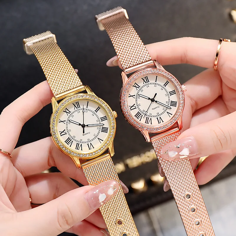 Women Retro Simple Watch Luxury Diamond Roman Numerals Silicone Mesh Belt Ladies Quartz Watch Gift Women Luminous Hands Watches