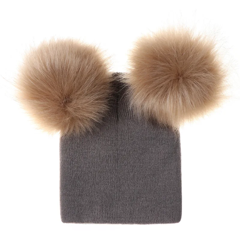 Baby Winter Warm Wool Knitted Beanie Hats Caps Kids Two Fur Pom pom Bobble Ball Beanies Girls Boys Children Hat Cotton Soft Cap