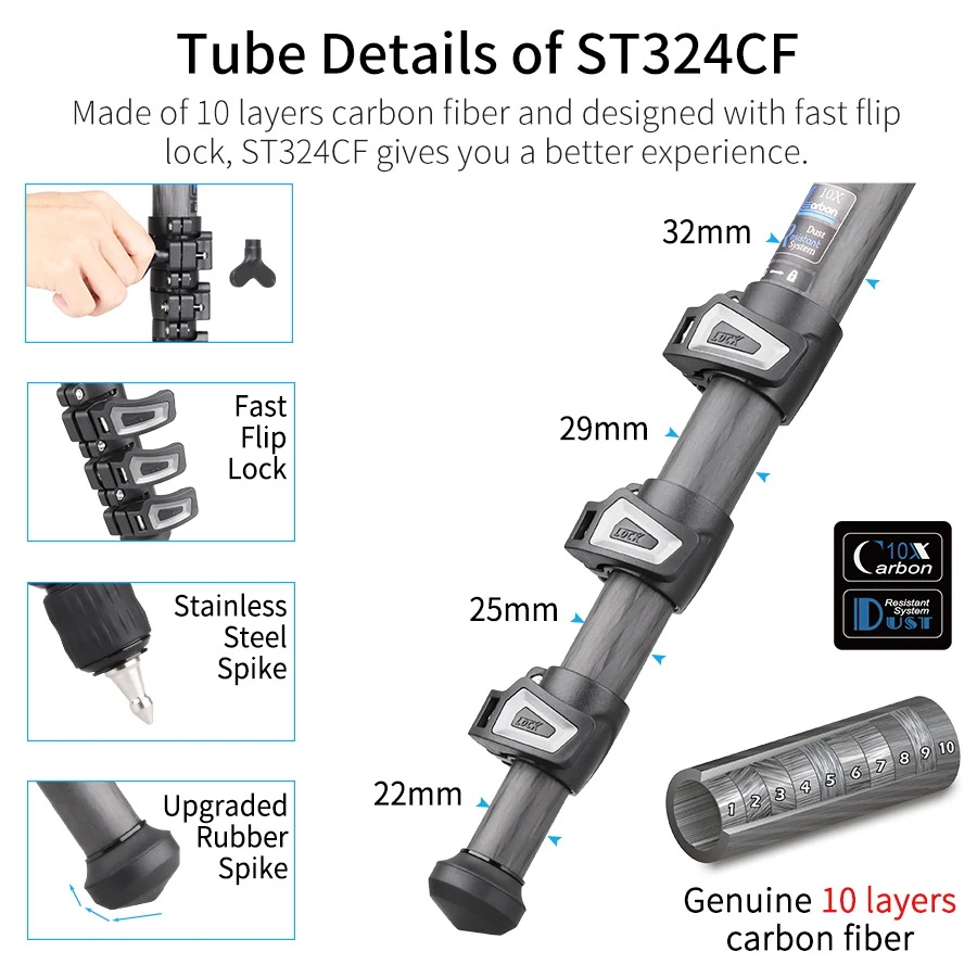 ST324CT/CF Professional 10 Layers Carbon Fiber Tripod for DSLR Camera Video Camcorder Birdwatching Heavy Duty Stand Bowl Adapter