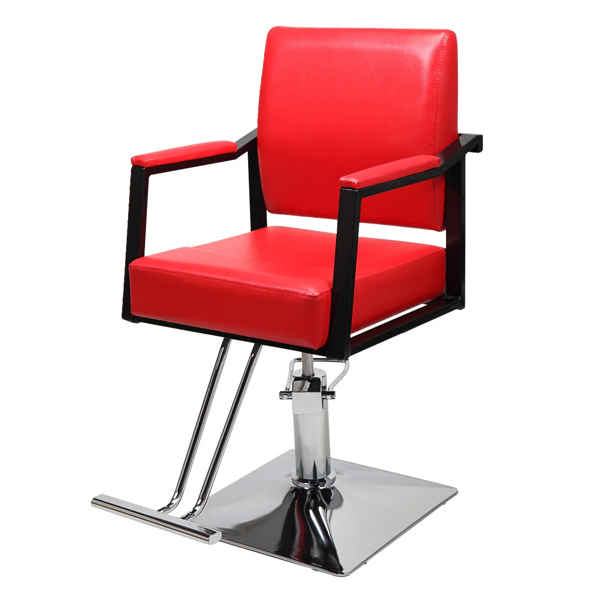 58x57x97.5-112.5CM Small Square Barber Chair PU Leather Hairdressing Chair Black/Red[US-W]