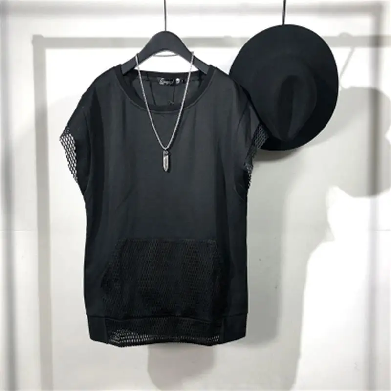 Men's Short Sleeve T-Shirt Summer New Hip Hop Street Personality Mesh Stitching Fashion Leisure Loose Large Size Half Sleeve