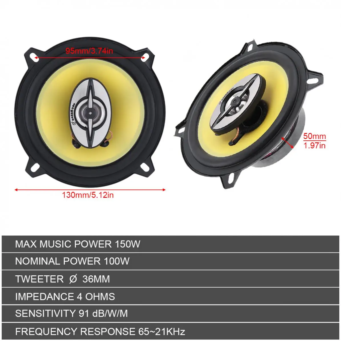 2pcs 5 Inch 150W 2 Way Universal Car Coaxial Speakers Audio Stereo Full Range Frequency Speaker for Car Audio System Modified