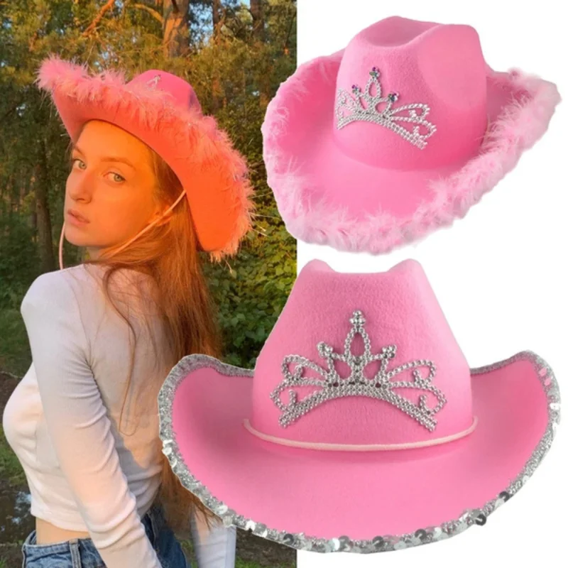 Pink Tiara Western Style Cowgirl Hats for Women Girl Rolled Fedora Caps Feather Edge Beach Cowboy Hat Sequin Western Party Cap