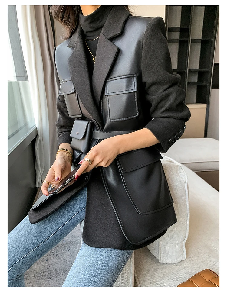 Nerazzurri Autumn Black Wool Blends Patchwork Leather Jacket Women with Many Pockets Long Sleeve Korean Fashion Streetwear 2022